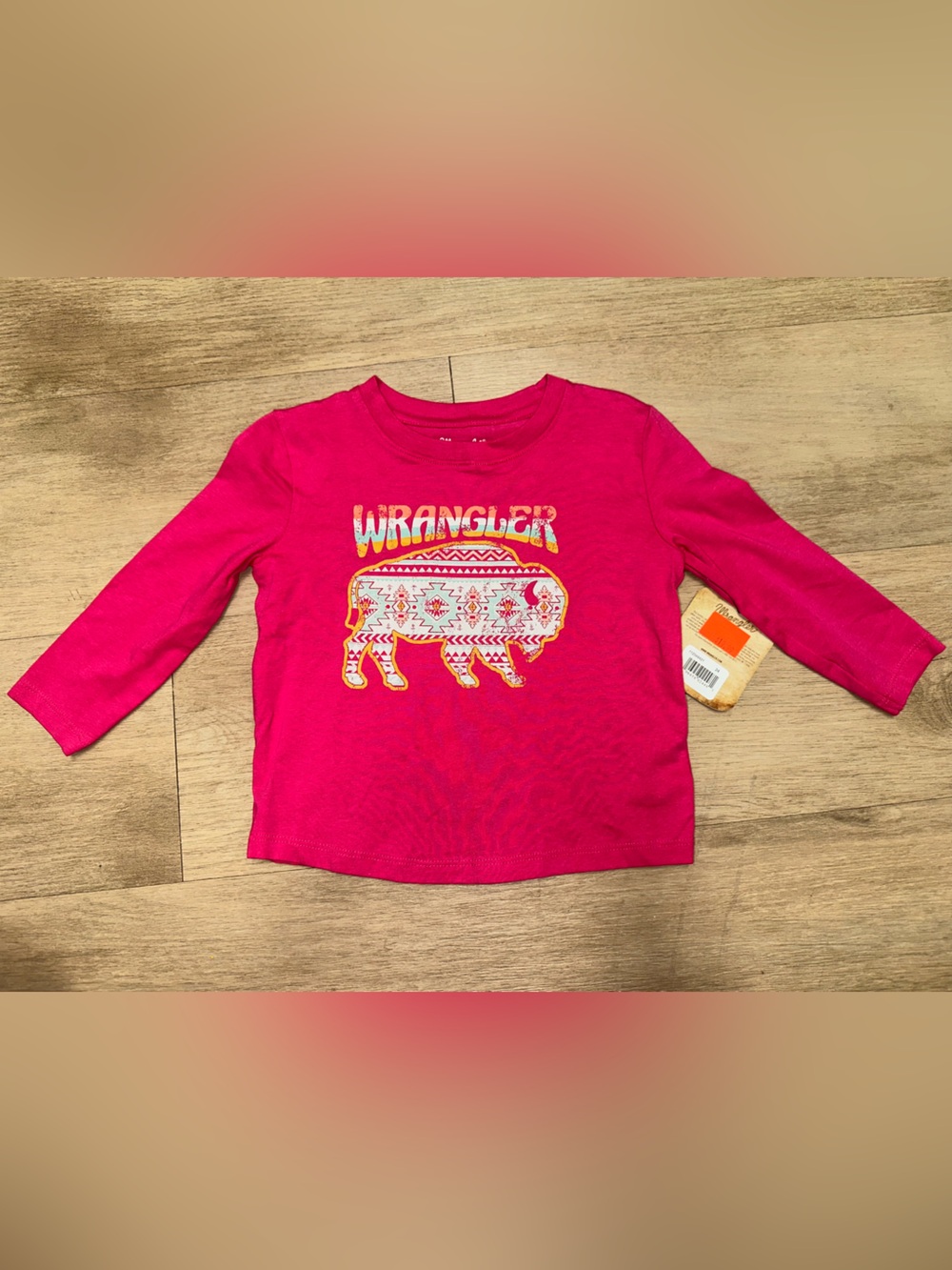 Wrangler Bright Pink Long Sleeve Graphic Tee with Patterned Buffalo